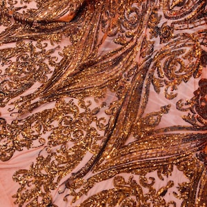 Brown Sequins Fabric - 4 Way Stretch Fancy Big Damask Design Sequins on Spandex Mesh Prom Gala Gown Brown Fabric By The Yard