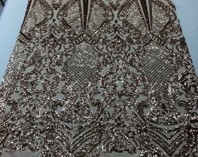 Sequin Rose Gold Lace Fabric, DAMASK Design Embroidered on a Mesh 4 way Stretch Sequin By The Yard -Prom-Gown ( Choose The Size )