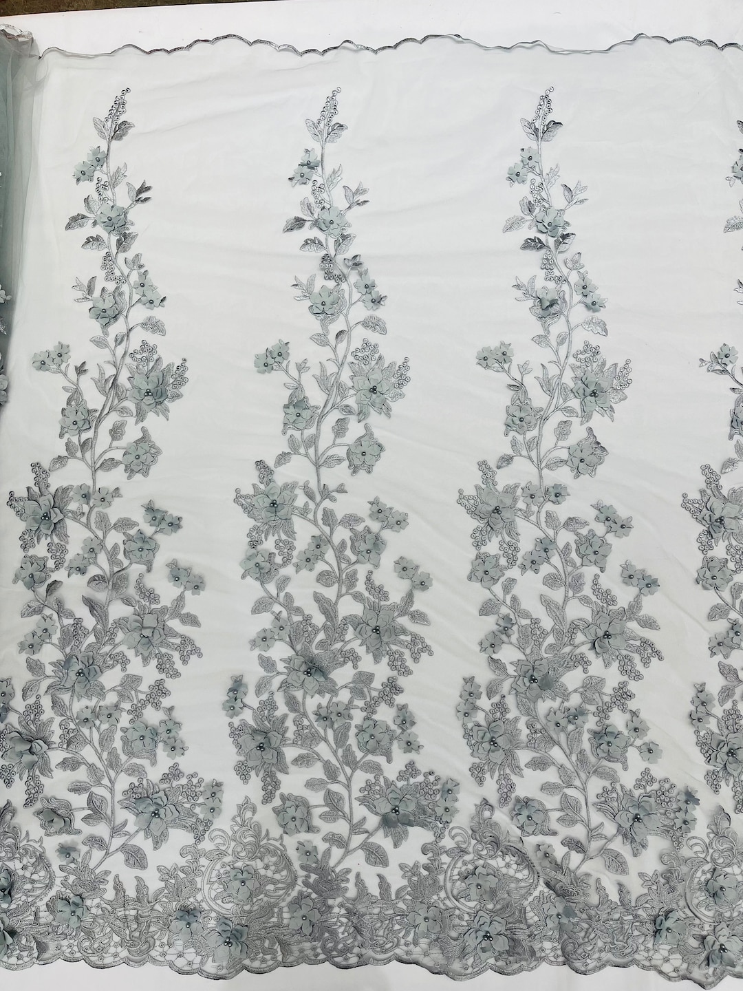 3D Floral Design Embroider with Pearls in a Mesh Lace-Sold by The Yard Black