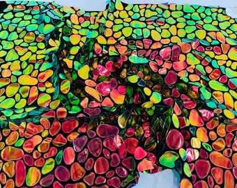 Iridescent Sequin Fabric: Orange Green on Black Stretch Velvet