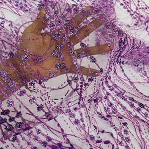 Lilac Glitter on Mesh Lace Fabric By The Yard for Wedding Decor - Bridal/Prom - Shimmer, Glitter Fabricr - Luxury Sparkle Mesh