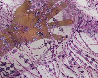 Lilac Glitter on Mesh Lace Fabric By The Yard for Wedding Decor - Bridal/Prom - Shimmer, Glitter Fabricr - Luxury Sparkle Mesh