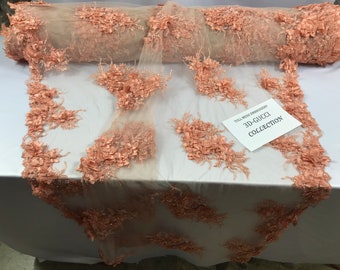 3D Floral Fabric, 3D Flower Peach - by the yard - Embroider With Rhinestones and Beaded On a Mesh Lace