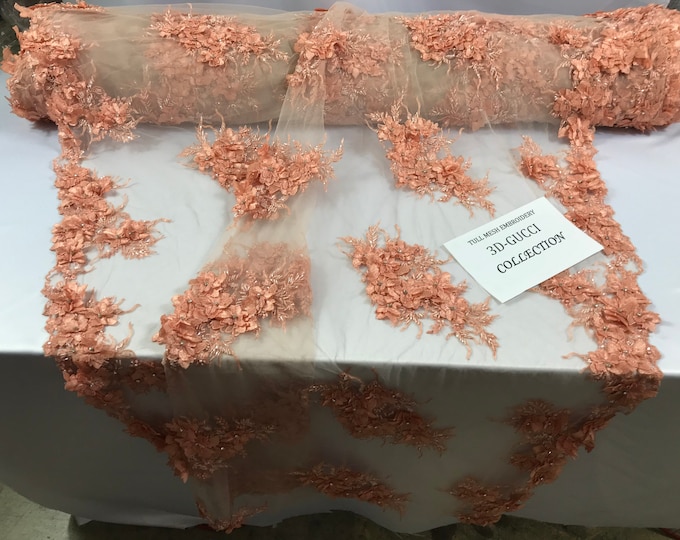 3D Floral Fabric, 3D Flower Peach - by the yard - Embroider With Rhinestones and Beaded On a Mesh Lace