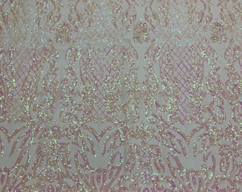 Pink Iridescent Sequin Fabric: Luxury Damask Embroidered Spandex