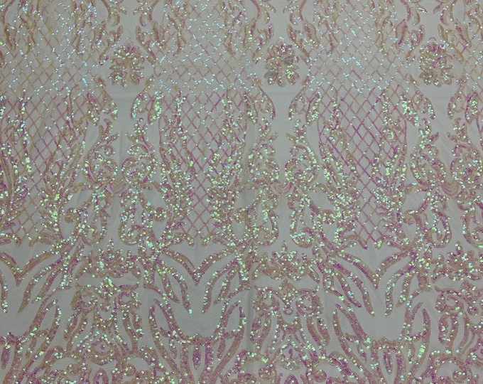Pink Iridescent Sequins -  Luxury Damask Design Embroidered Spandex 4way Stretch Sequin By Yard -Prom-Gown ( Choose The Size )