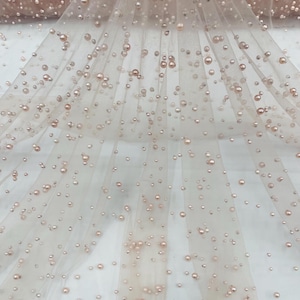 Rose, Scattered Pearls Studded Mesh, by the yard - 2 Way Stretch, Pearls On Mesh, Scattered Pearls on Mesh, Bead Wedding Bridal Dress