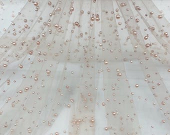 Rose, Scattered Pearls Studded Mesh, by the yard - 2 Way Stretch, Pearls On Mesh, Scattered Pearls on Mesh, Bead Wedding Bridal Dress