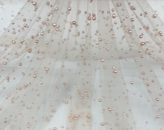 Rose, Scattered Pearls Studded Mesh, by the yard - 2 Way Stretch, Pearls On Mesh, Scattered Pearls on Mesh, Bead Wedding Bridal Dress