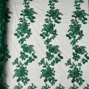 Mia Fabrics Inc, Hunter Green 3D Floral-Flower With Pearl, Bridal Lace 3D Flower Wedding Lace by the Yard (Pick a Size)
