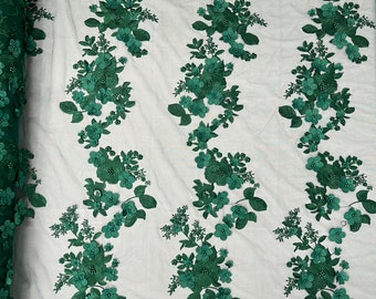 Hunter Green 3D Floral Lace Fabric: Pearl Flower Bridal Wedding Lace