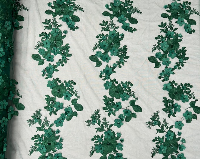 Mia Fabrics Inc, Hunter Green 3D Floral-Flower With Pearl, Bridal Lace 3D Flower Wedding Lace by the Yard (Pick a Size)