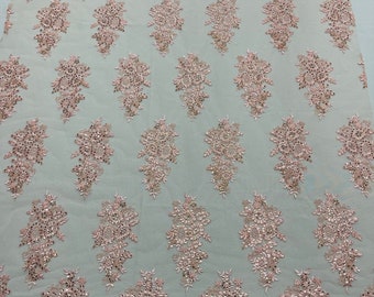 Pink Floral Sequined Lace Fabric - Bridal Wedding Mesh, By The Yard