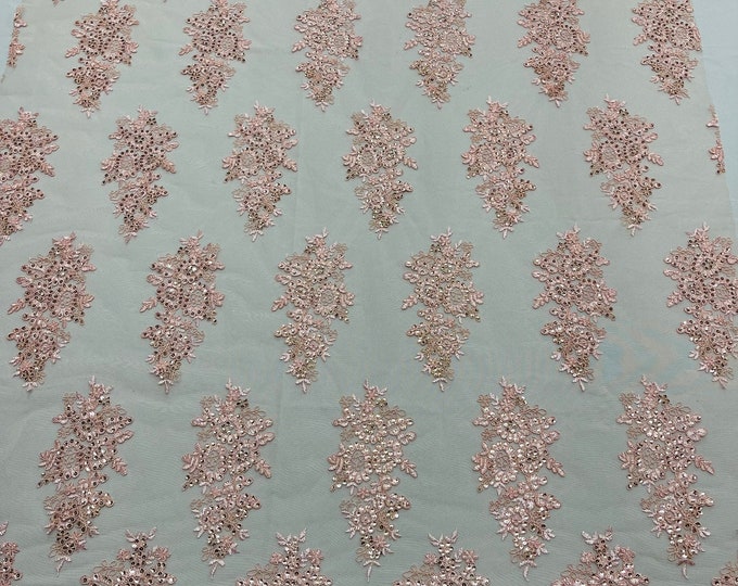 Pink Floral Lace Fabric - by the yard - Embroidery With Sequins on a Mesh Lace Fabric For Wedding-Bridal