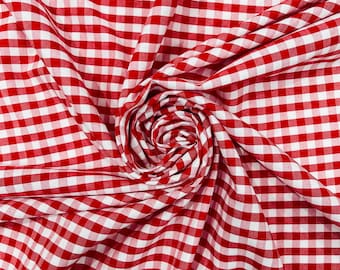 Red & White Gingham Poly Cotton Fabric by Yard 1/4” Squares, Checkered Fabric