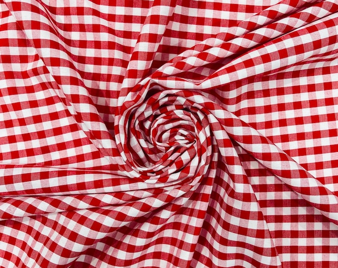Red & White Gingham Poly Cotton Fabric by Yard 1/4” Squares, Checkered Fabric