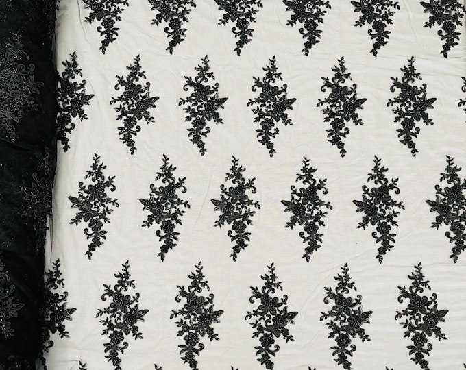 Black Beaded Sequins Fabric, Embroidery With Beaded Sequin on a Mesh, Floral Bridal Lace Fabric by the yard (Pick a size )