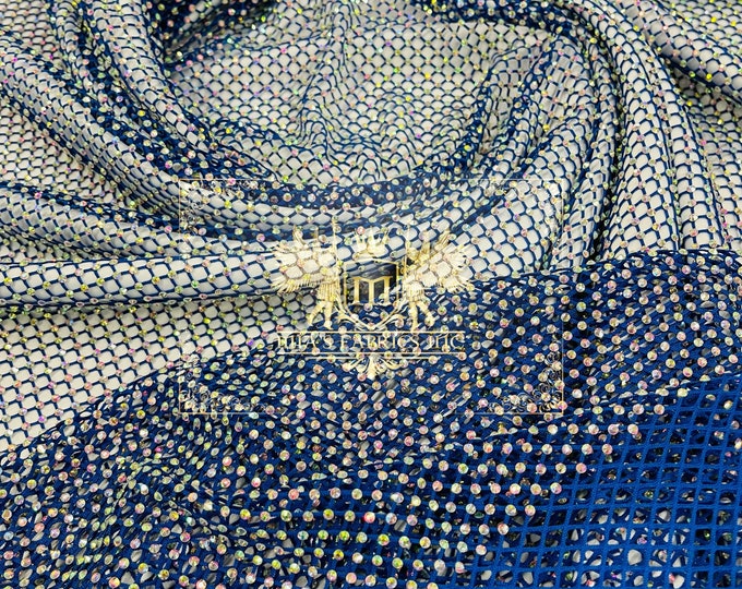 Iridescent Rhinestones Fabric On Royal Blue Stretch Net Fabric, Spandex Fish Net with Crystal Stones sold by the yard