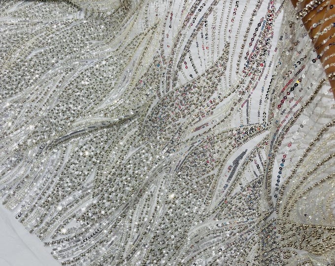 Silver Beaded Lace Fabric: Embroidered Mesh, Bridal Wedding Dress - Sold By The Yard