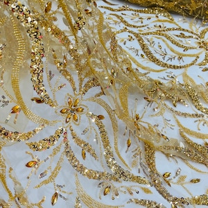 Gold Floral Leaf Pattern Beaded Fabric - Embroidered Beaded Rhinestone on a Mesh Wedding Bridal Fabric, Sold By The Yard