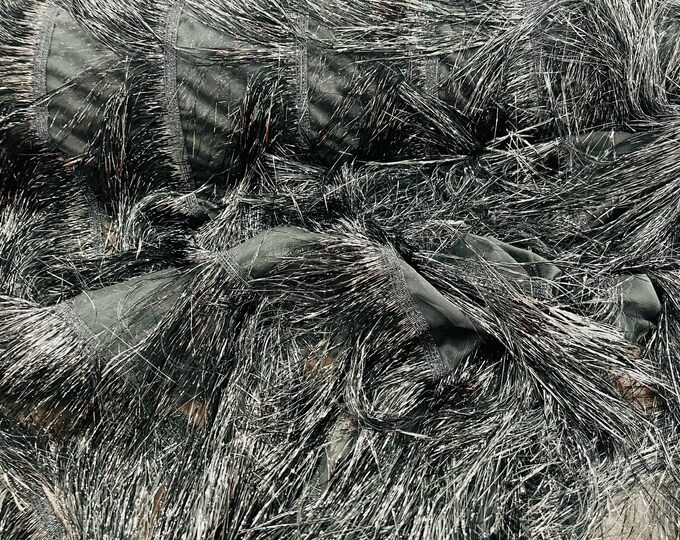 Black Metallic Eyelash Design on a Mesh By The Yard, eyelash fabric Embroidered on 2 Way Stretch Fancy Fringe ( Choose The Size )