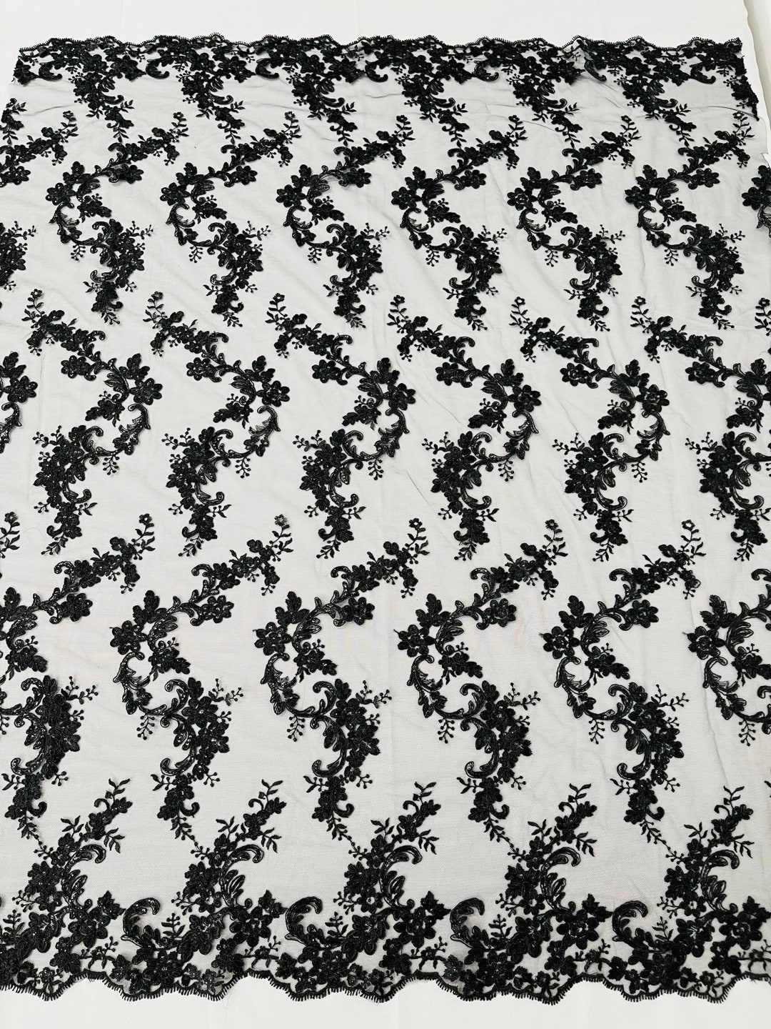 Black Floral Lace Fabric, by the Yard Embroidery With Sequins on a Mesh