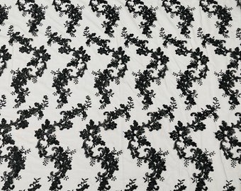 Black Floral Lace Fabric, by the yard - Embroidery With Sequins on a Mesh Lace Fabric For Gown, Wedding-Bridal