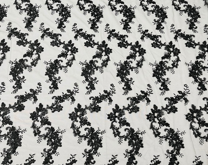 Black Floral Lace Fabric, by the yard - Embroidery With Sequins on a Mesh Lace Fabric For Gown, Wedding-Bridal