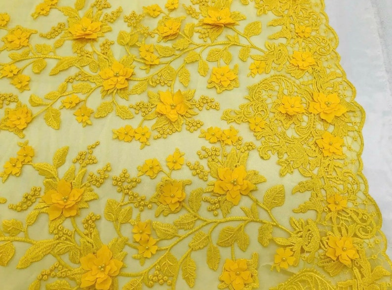 3D floral design embroider with pearls in a mesh lace-sold by the yard. Bright Yellow main image 0