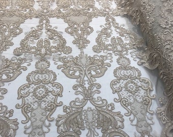 Taupe Floral Lace Fabric: Corded Embroidery with Sequins