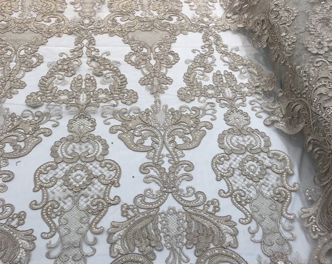 Taupe Lace Fabric, Corded Flower Embroidery With Sequins on a Mesh Lace Fabric By The Yard For Gown, Wedding-Bridal-Dress