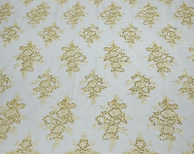 Banana Floral Lace Fabric - by yard - Embroidery With Sequins on a Mesh Corded Lace Fabric, For Gown - Wedding - Bridal