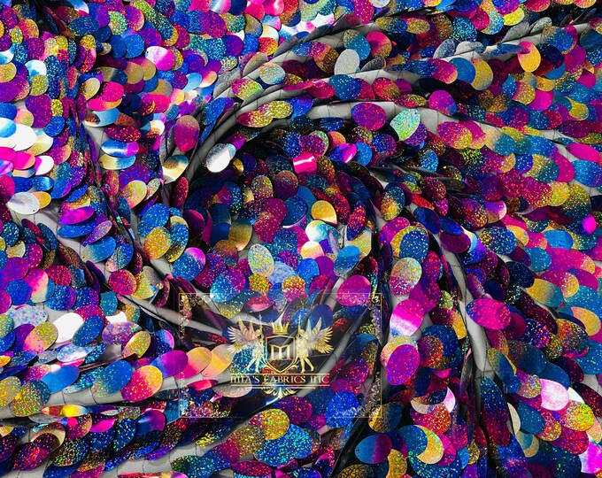 Multi color Big Sequins Oval Sequin Paillette, by the yard - Tear Drop Mermaid Jumbo Sequins Fabric On a Mesh (Pick a Size)