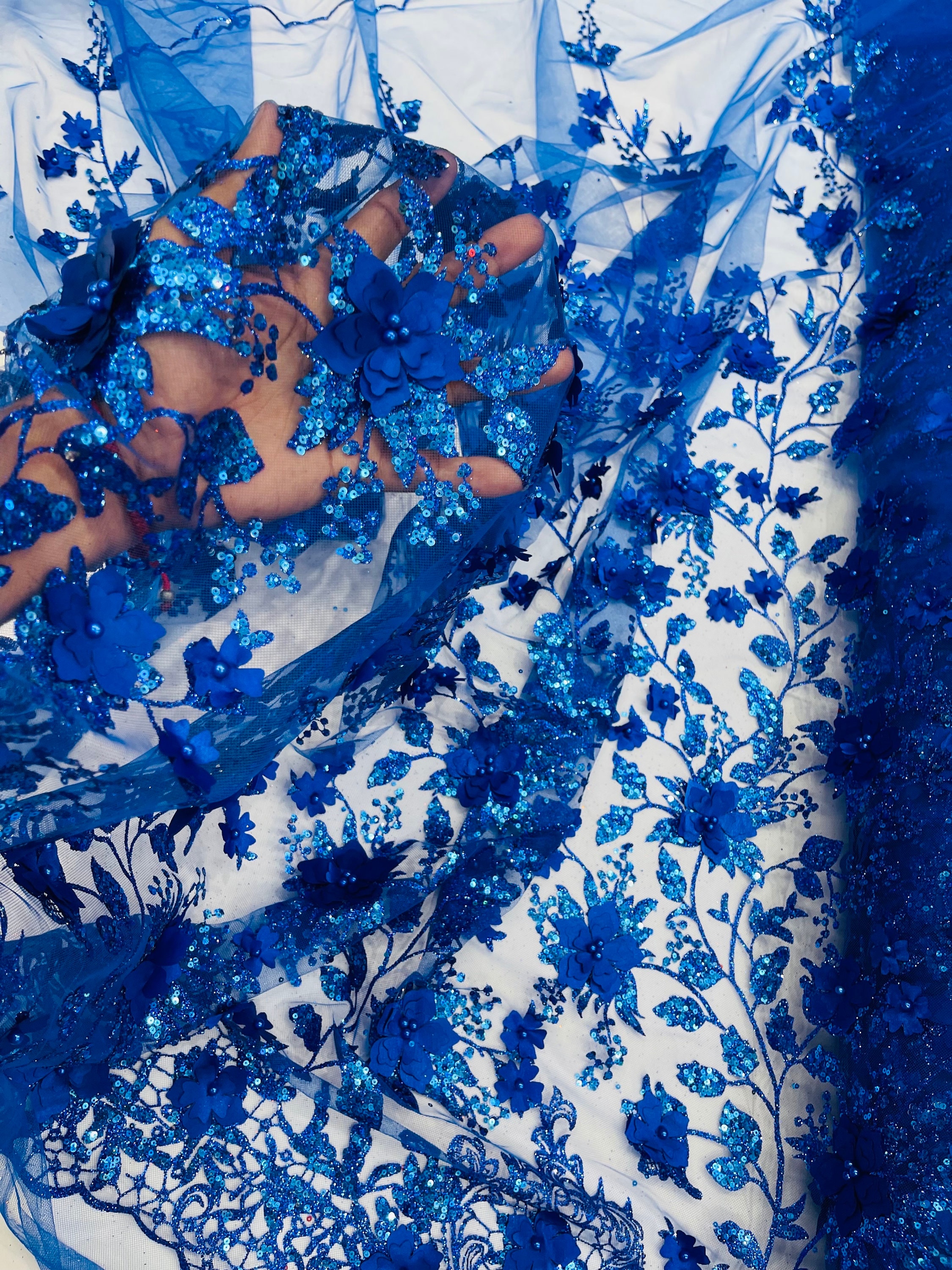 Royal Blue 3D Flower Glitter Sequin Fabric by the Yard, 3D Floral ...