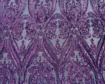 Plum Sequins - 4 Way Stretch Fancy Big Damask Design Sequins on Spandex Mesh Prom Gala Gown Fabric By The Yard