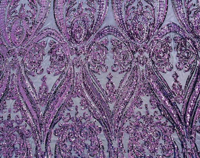 Plum Sequins - 4 Way Stretch Fancy Big Damask Design Sequins on Spandex Mesh Prom Gala Gown Fabric By The Yard