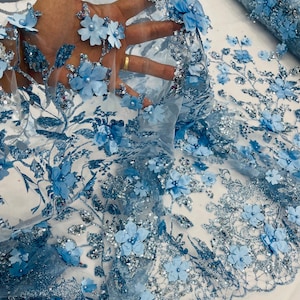 Baby Blue 3D Flower Sequin Fabric, Glitter Floral Mesh, Wedding Dress ...