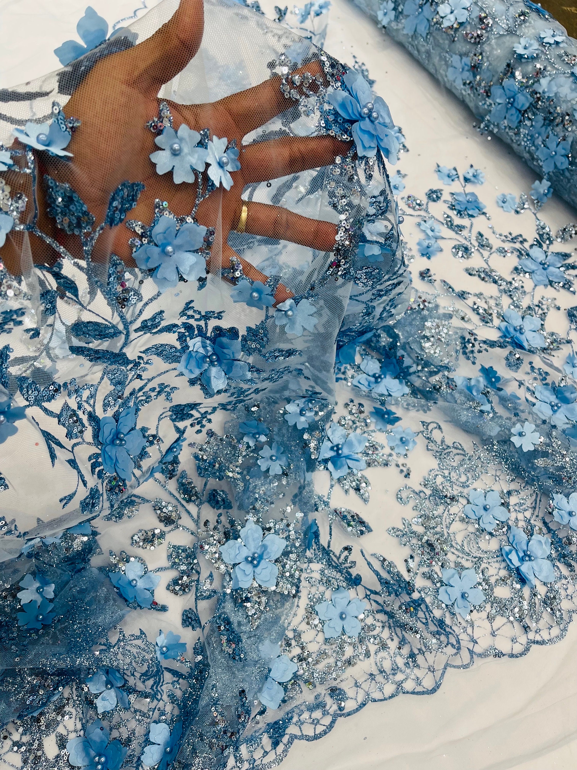Baby Blue 3D Flower Sequin Fabric, Glitter Floral Mesh, Wedding Dress ...