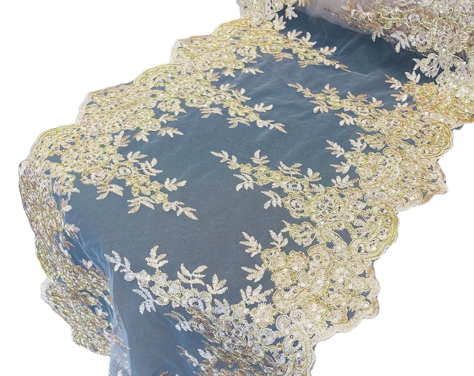 Metallic Gold Floral Lace Fabric For Runner 14” Inch - by the yard - Embroidery With Sequins on a Mesh Lace Fabric For Wedding