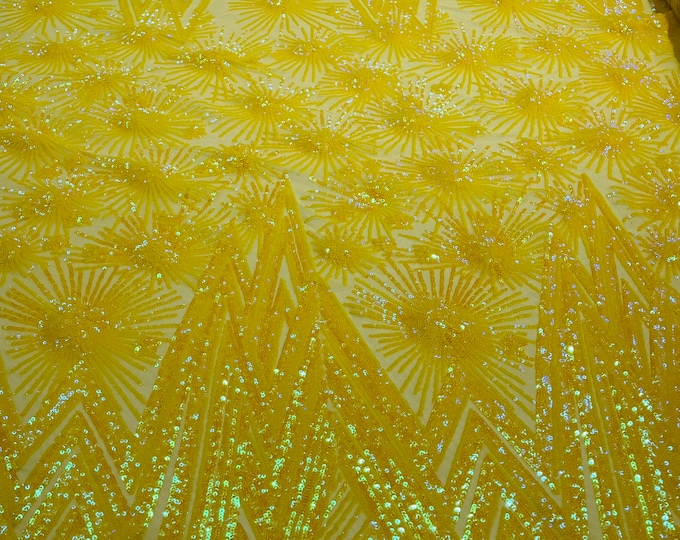 Yellow Iridescent Geometric Design 4 Way Stretch, Embroidered With Sequins On Power Mesh, By The Yard