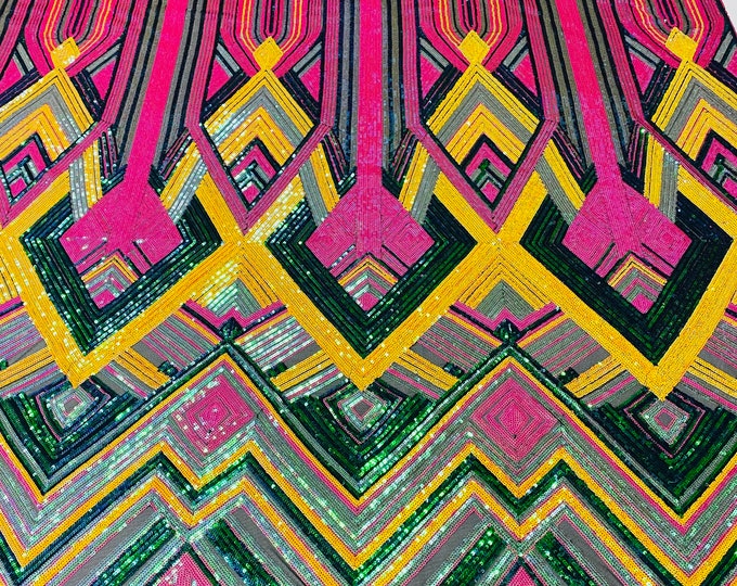 Multi-Color Iridescent Sequins 4way Stretch Embroidery With Sequin on a Black Mesh Lace Fabric By The Yard For Gown, Wedding-Bridal-Dress