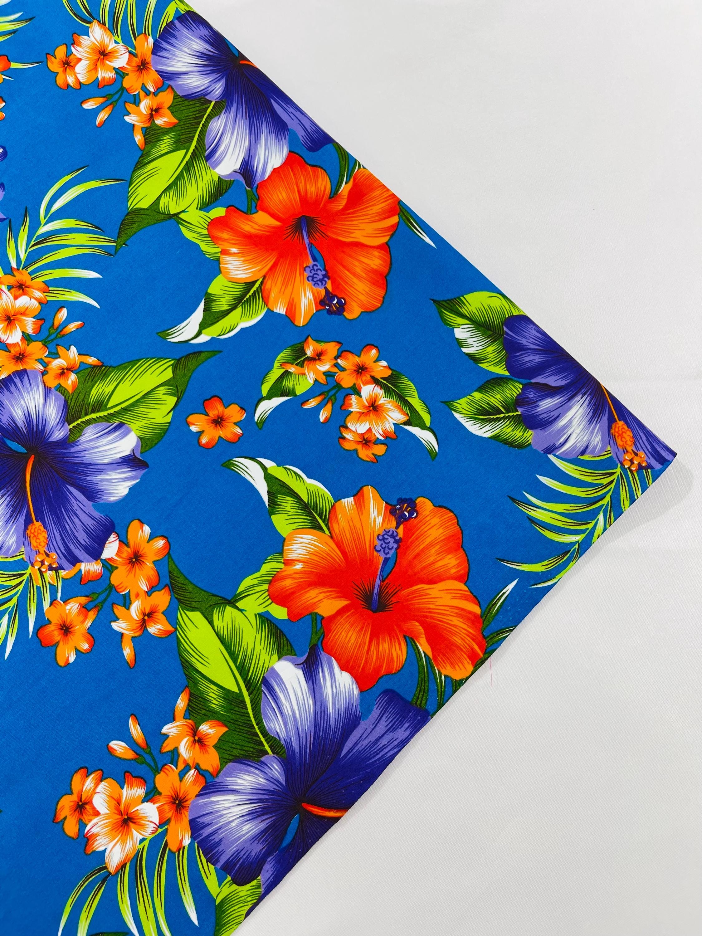 Royal Blue Hawaiian Floral Print Cotton Fabric - 45