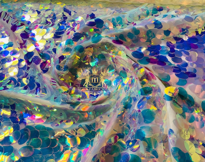 Clear Iridescent Big Sequins Oval Sequin Paillette, by the yard - Tear Drop Mermaid Jumbo Sequins Fabric On a Mesh (Pick a Size)