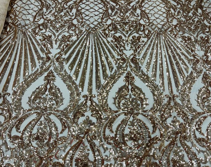 Gold Sequin Damask Selena Design on a 4 Way Stretch Sequin Lace Mesh - Prom Gala Gown Fabric By Yard