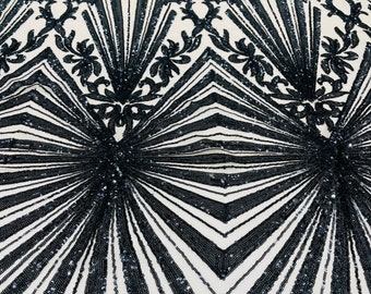 Black Sequin, Nude Power Mesh Damask Geometric Design Embroidered With Sequins On 4 Way Stretch By The Yard