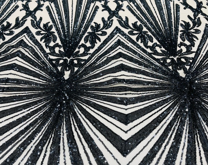 Black Sequin, Nude Power Mesh Damask Geometric Design Embroidered With Sequins On 4 Way Stretch By The Yard