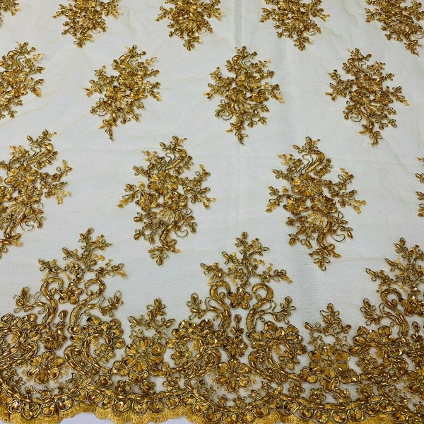 Gold Metallic Floral Cluster Perlenstoff - Bestickter Blumen Perlenstoff Hochzeit Braut