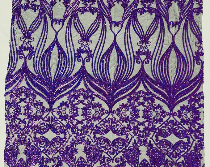 Holographic Purple Sequin Fabric - by the yard - On Black Mesh, Camila Design 4 Way Stretch Sequins Fabric, Lace sequins Prom-Gown