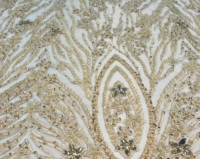 Beaded Fabric - Champagne - Embroidered Flower Line Mesh Lace Fabric with Beads Sold By The Yard