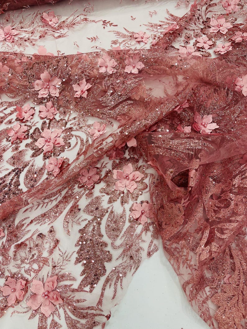 Dusty Rose Glitter Floral Mesh, Glitter 3D Flower Sequin Fabric ...